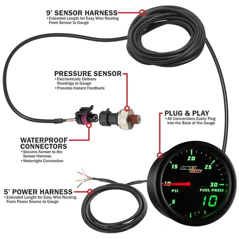 MaxTow Double Vision 30 PSI Fuel Pressure Gauge Kit - Includes Electronic Sensor - Black Gauge Face - Green LED Illuminated Dial - Analog & Digital Readouts - for Diesel Trucks - 2-1/16" 52mm - Image 3